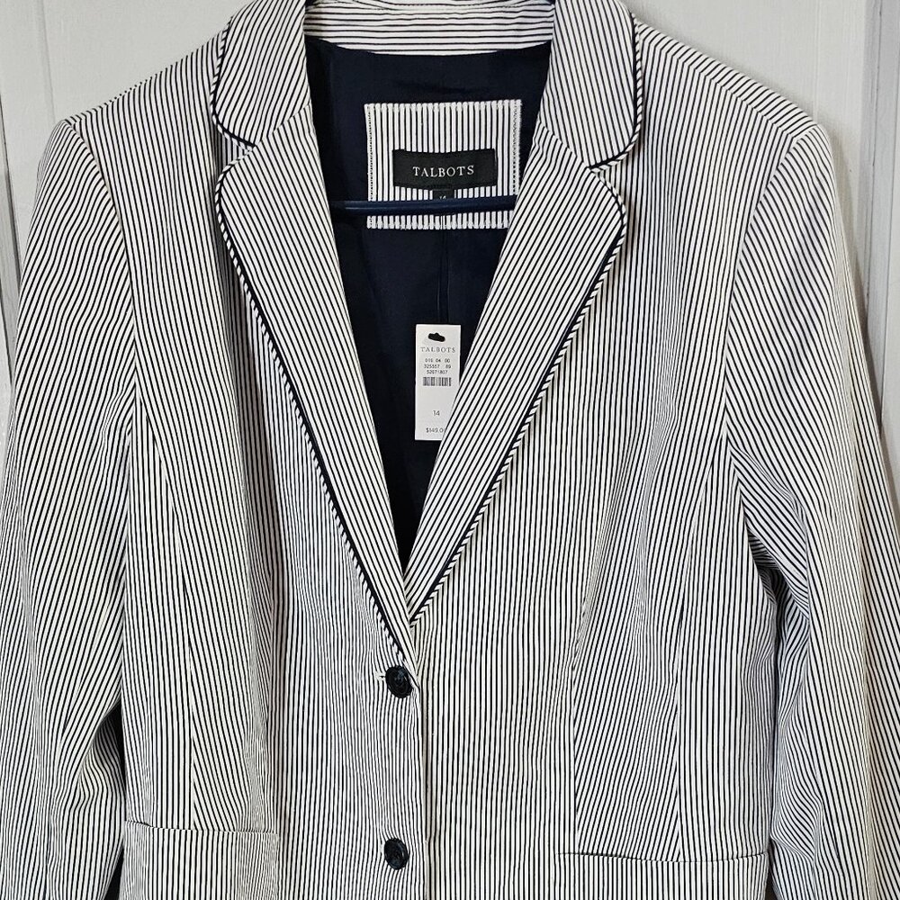 Women’s Talbots Cotton Blend 2 Button Navy Stripe Blazer Size 14 NWT
